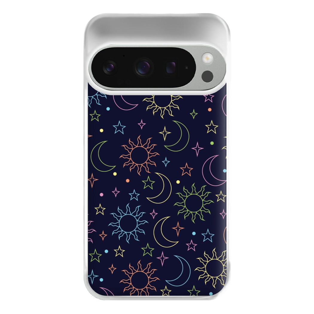 Sun, Moon And Stars Pattern Rainbow Phone Case for Google Pixel 9 Pro XL
