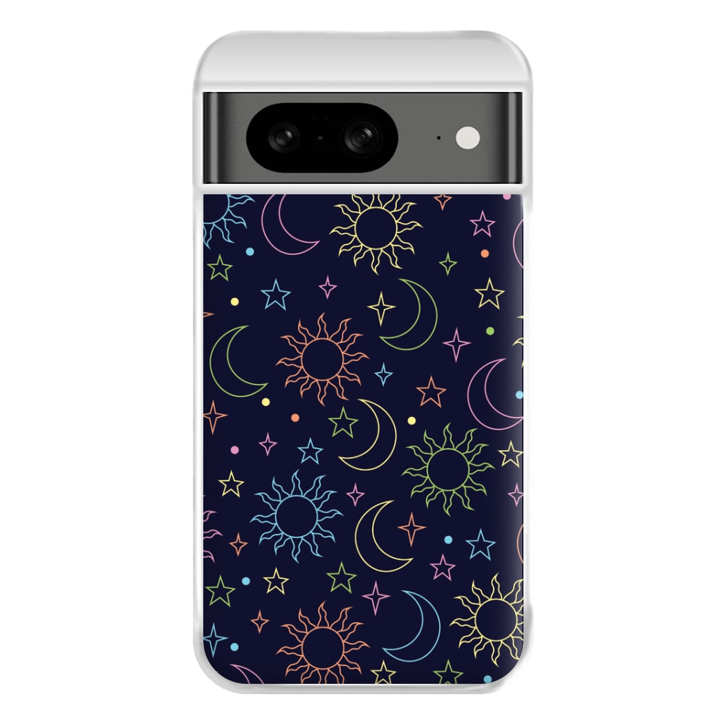 Sun, Moon And Stars Pattern Rainbow Phone Case for Google Pixel 8