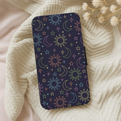 Sun, Moon And Stars Pattern Rainbow Wallet Phone Case