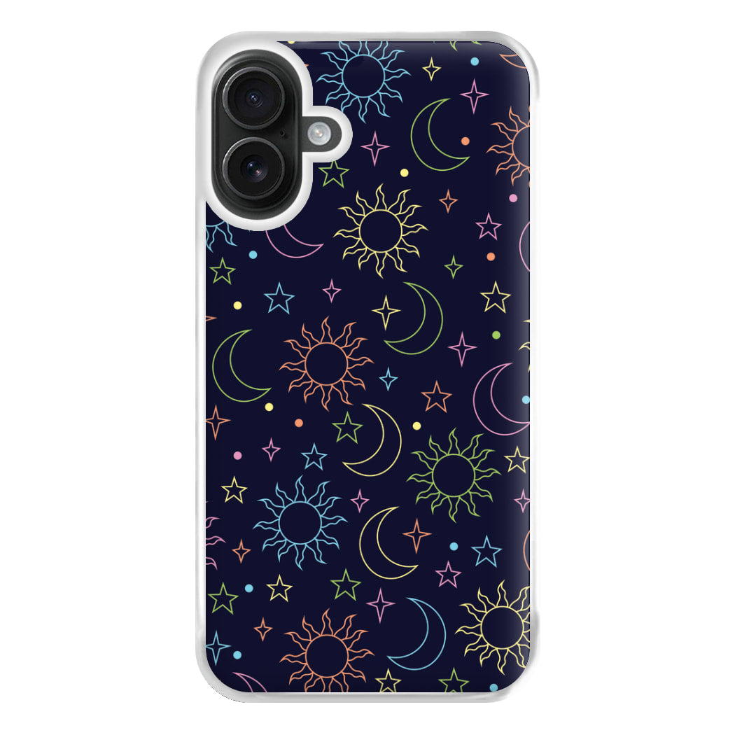 Sun, Moon And Stars Pattern Rainbow Phone Case for iPhone 16 Plus