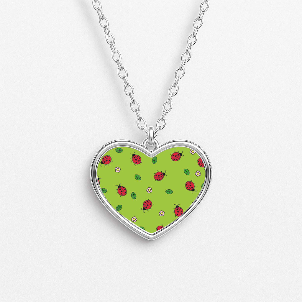 Ladybugs And Flowers - Spring Patterns Heart Necklace