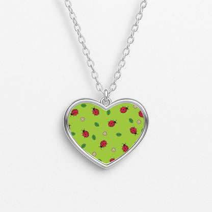 Ladybugs And Flowers - Spring Patterns Heart Necklace