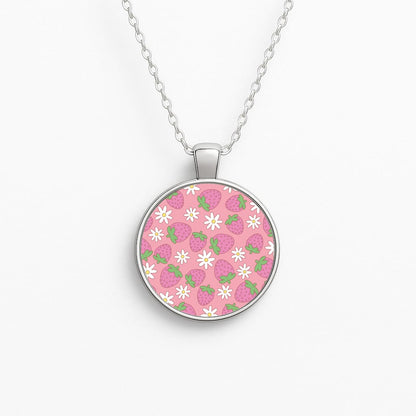 Pink Strawberries - Spring Patterns Circle Necklace