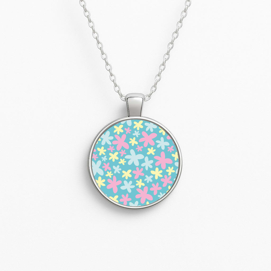 Blue, Pink And Yellow Flowers - Spring Patterns Circle Necklace