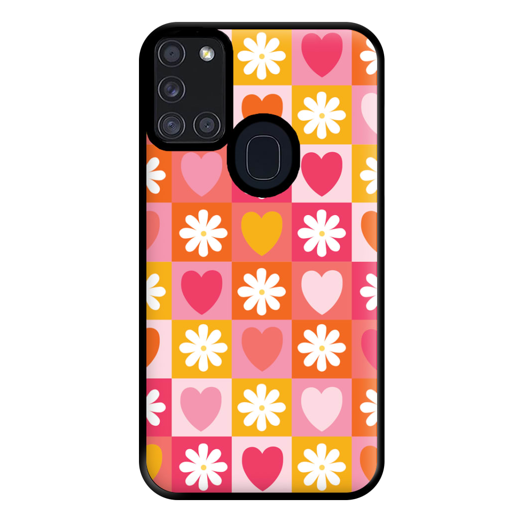 Checked Hearts And Flowers - Spring Patterns Phone Case for Galaxy A21s