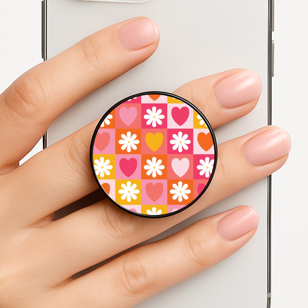 Checked Hearts And Flowers - Spring Patterns Phone Grip