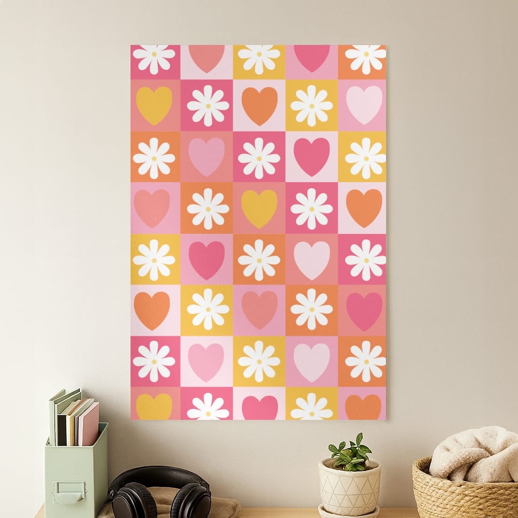 Checked Hearts And Flowers - Spring Patterns Poster