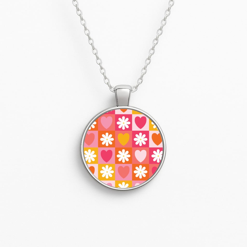 Checked Hearts And Flowers - Spring Patterns Circle Necklace