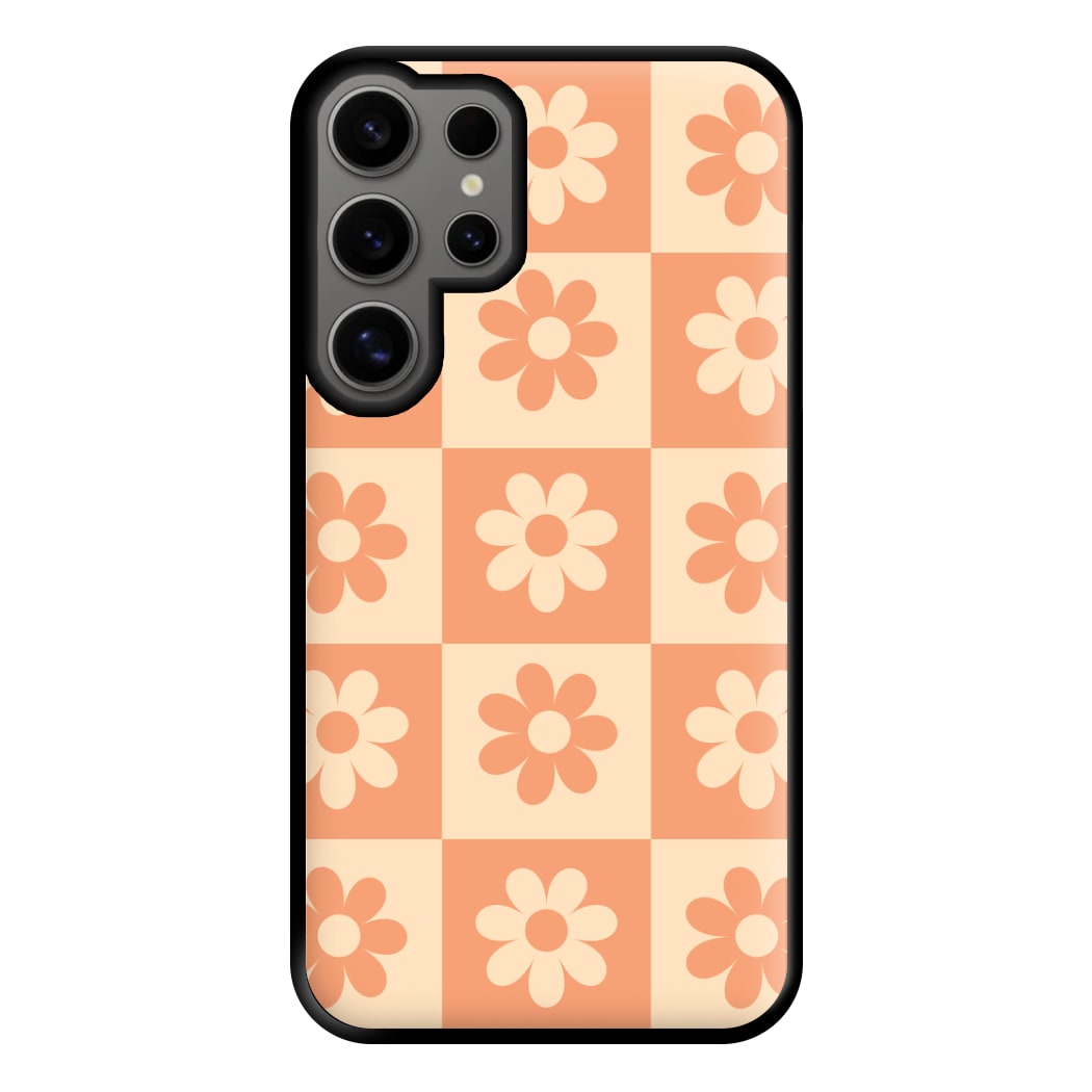 Checkered Flowers Orange Phone Case for Galaxy S24 Ultra