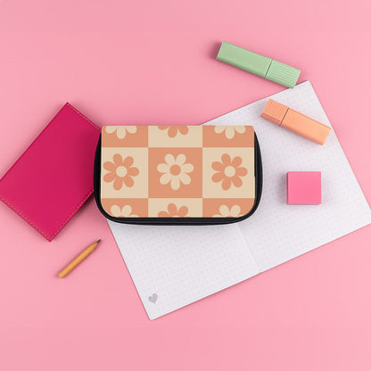 Checkered Flowers Orange Pencil Case