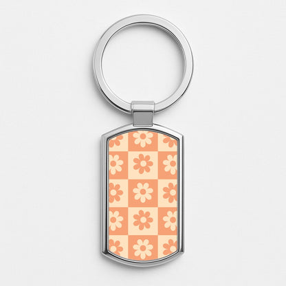 Checkered Flowers Orange Silver Keyring