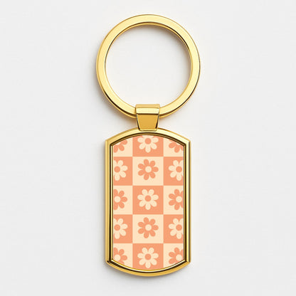 Checkered Flowers Orange Gold Keyring