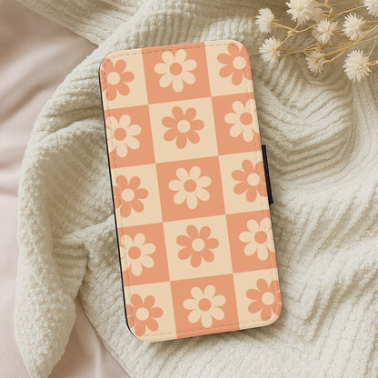 Checkered Flowers Orange Wallet Phone Case