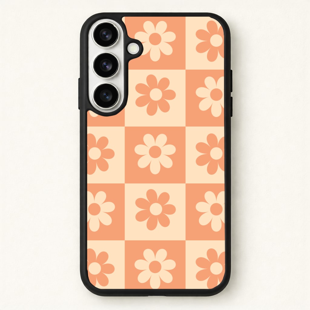 Checkered Flowers Orange Phone Case for Galaxy S26 Plus