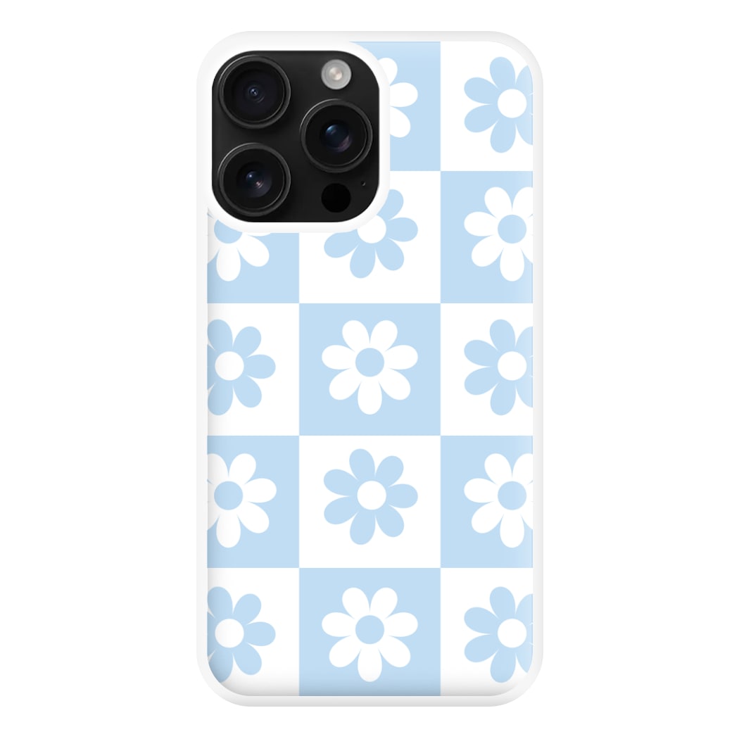Checkered Flowers Blue Phone Case for iPhone 16 Pro Max