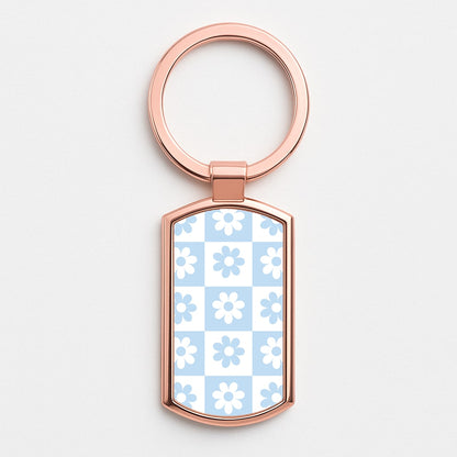Checkered Flowers Blue Rose Gold Keyring
