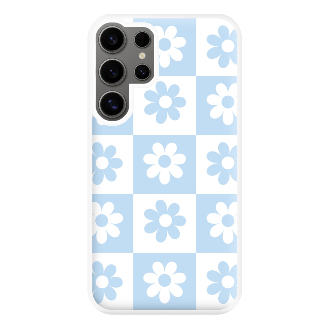 Checkered Flowers Blue Phone Case for Galaxy S24 Ultra