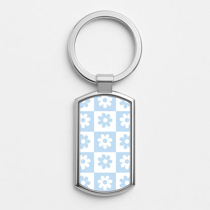 Checkered Flowers Blue Silver Keyring