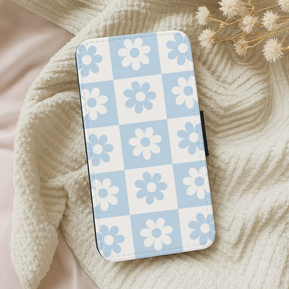 Checkered Flowers Blue Wallet Phone Case