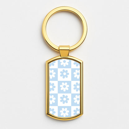 Checkered Flowers Blue Gold Keyring