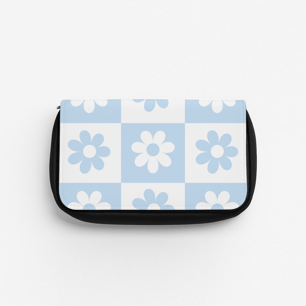 Checkered Flowers Blue Pencil Case