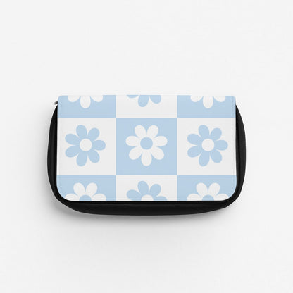 Checkered Flowers Blue Pencil Case