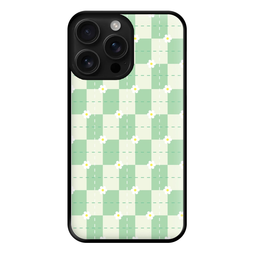 Green Plaid Daisies Phone Case for iPhone 16 Pro Max