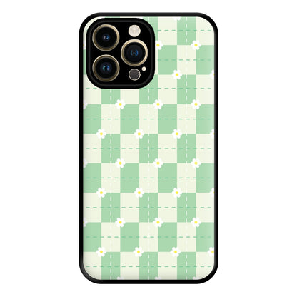 Green Plaid Daisies Phone Case for iPhone 14 Pro Max