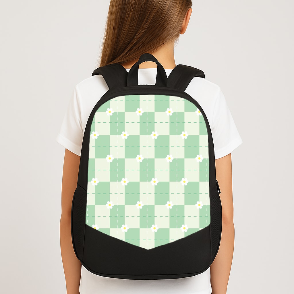Green Plaid Daisies  Large School Bag