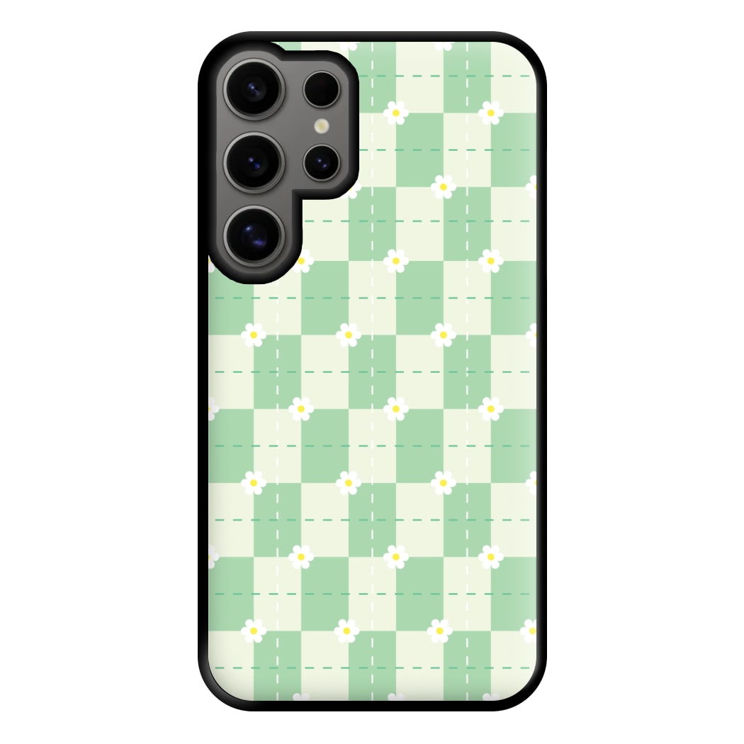 Green Plaid Daisies Phone Case for Galaxy S24 Ultra