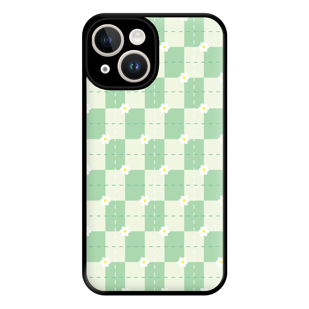 Green Plaid Daisies Phone Case for iPhone 14