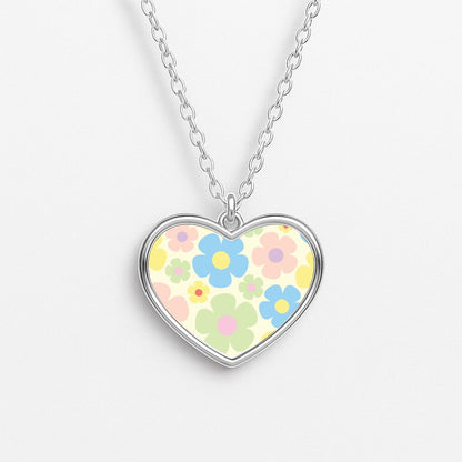 Rainbow Flowers Pattern Heart Necklace