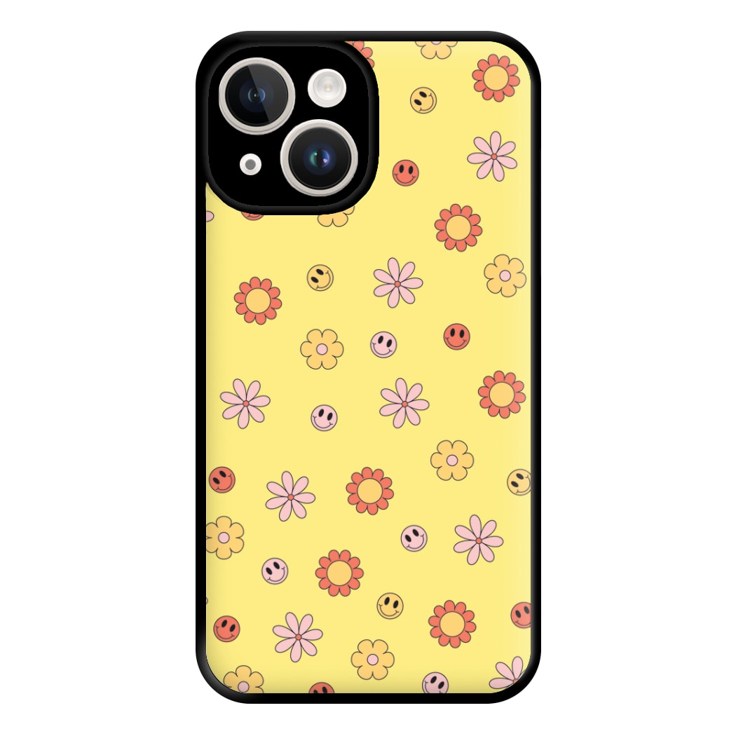 Retro Flowers And Smileys Pattern Phone Case for iPhone 14
