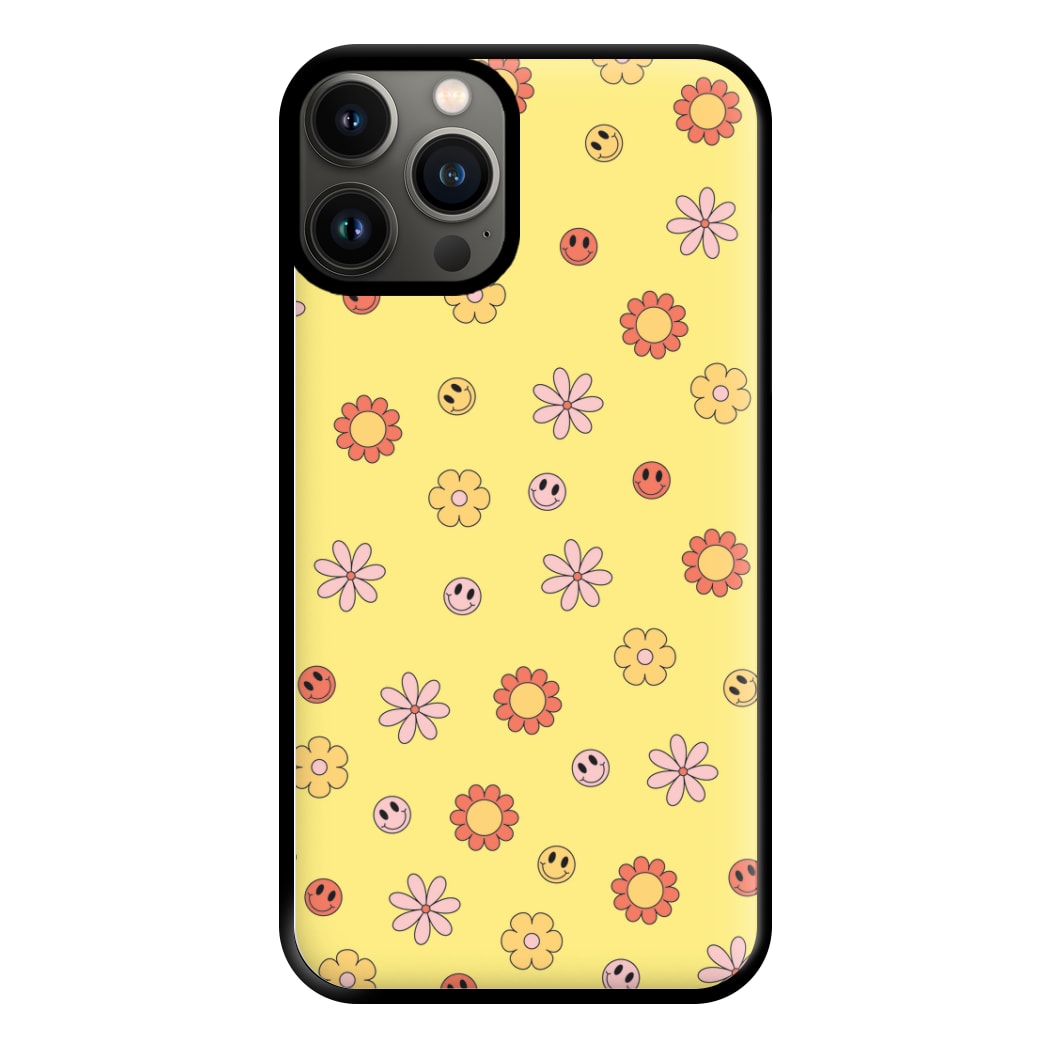 Retro Flowers And Smileys Pattern Phone Case for iPhone 13 Pro Max