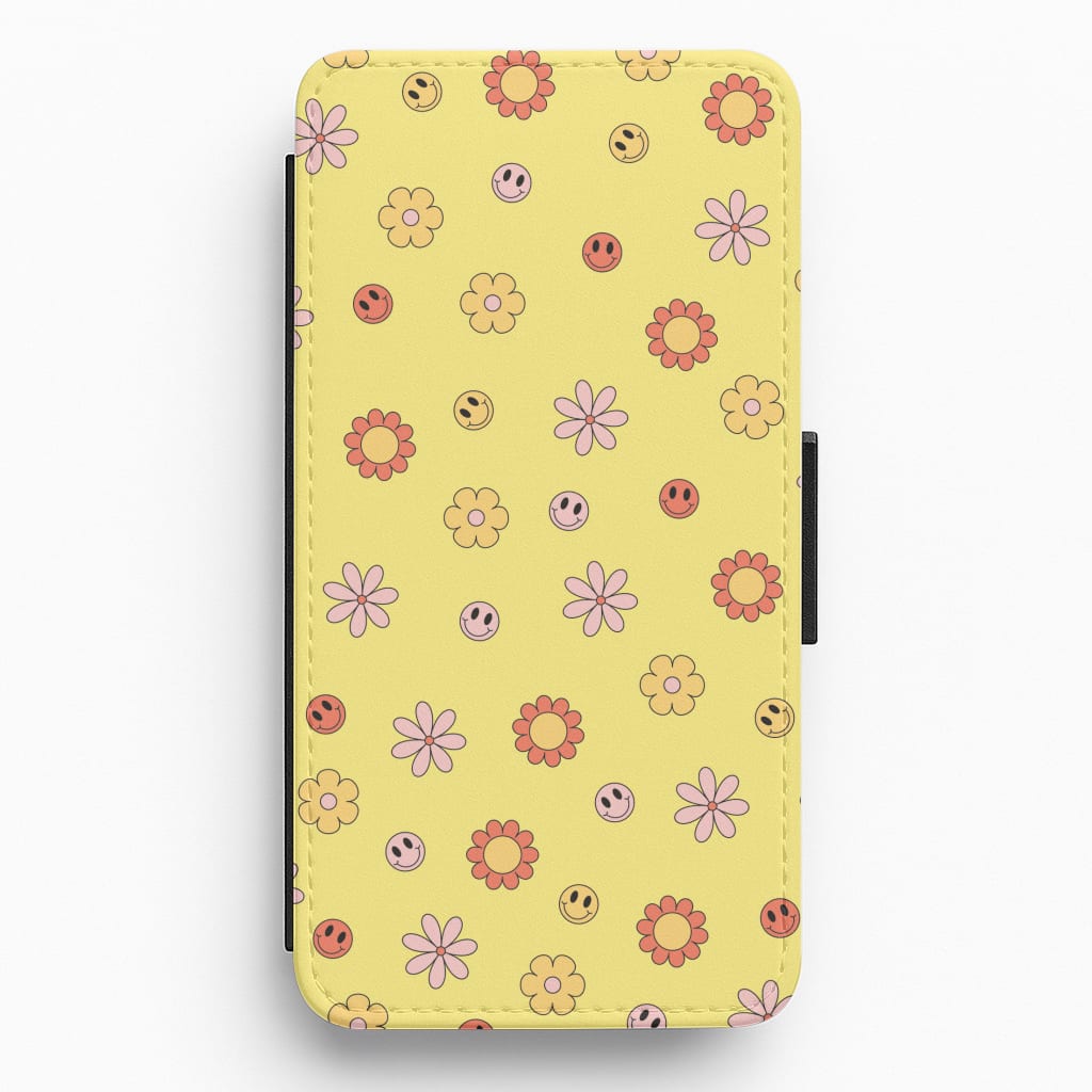 Retro Flowers And Smileys Pattern Flip / Wallet Phone Case