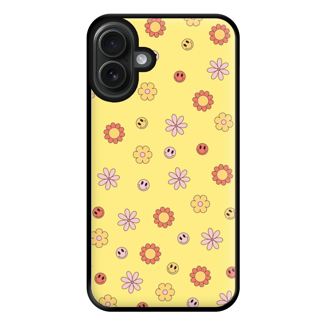 Retro Flowers And Smileys Pattern Phone Case for iPhone 16 Plus