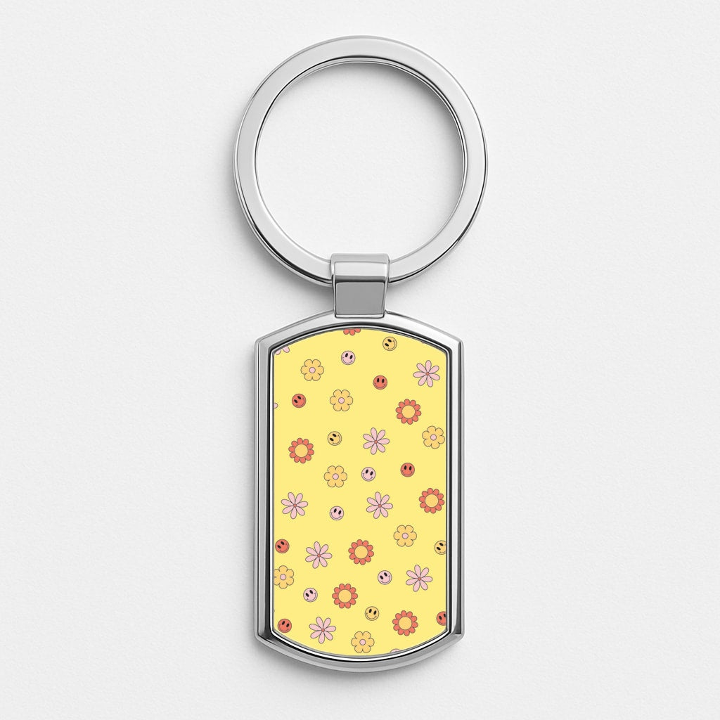 Retro Flowers And Smileys Pattern Silver Keyring