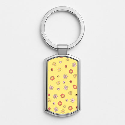 Retro Flowers And Smileys Pattern Silver Keyring