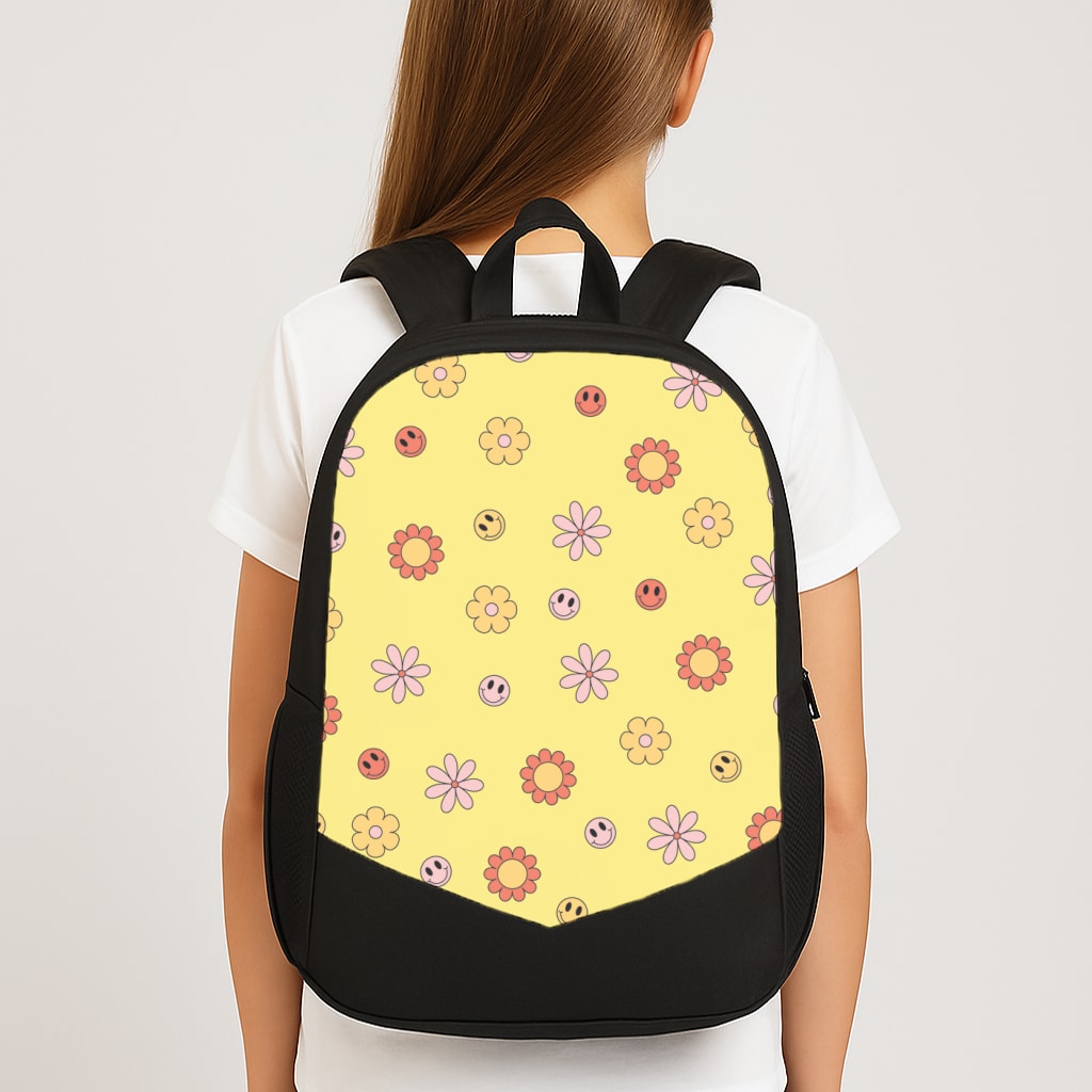 Retro Flowers And Smileys Pattern Large School Bag