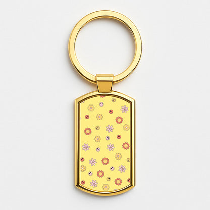 Retro Flowers And Smileys Pattern Gold Keyring