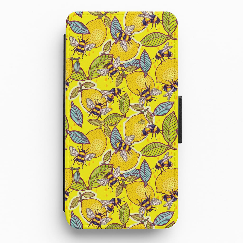 Yellow Lemon and Bee Flip Wallet Phone Case