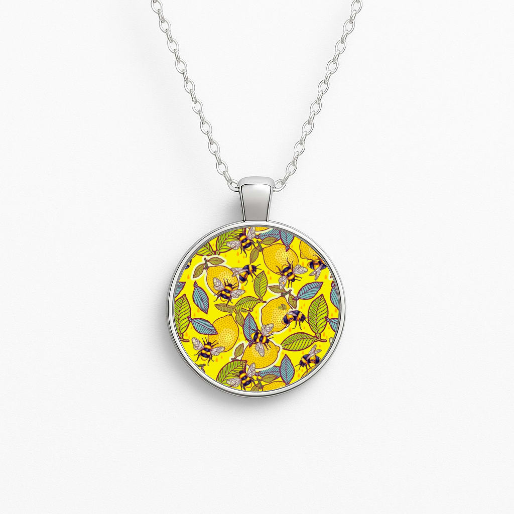 Yellow Lemon and Bee Circle Necklace