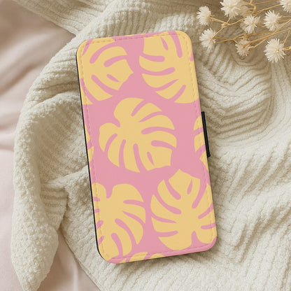 Pink And Yellow Summer Leaves Pattern Wallet Phone Case