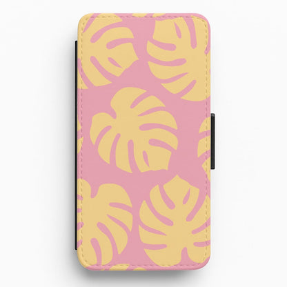 Pink And Yellow Summer Leaves Pattern Flip / Wallet Phone Case