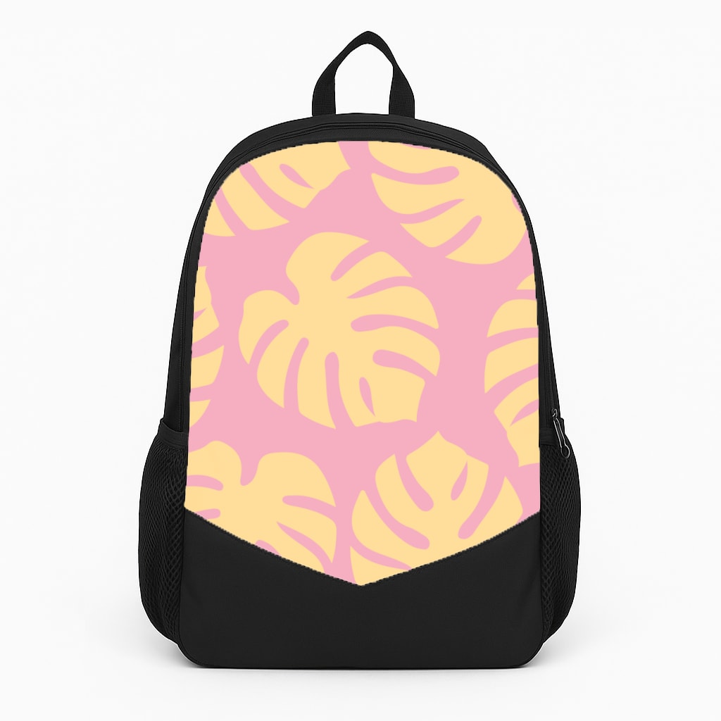 Pink And Yellow Summer Leaves Pattern Large Backpack