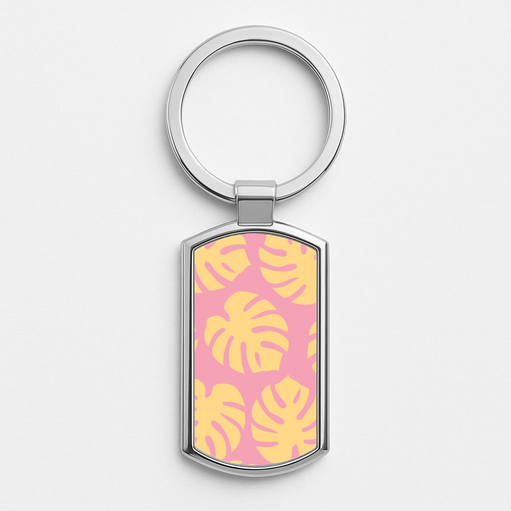 Pink And Yellow Summer Leaves Pattern Silver Keyring