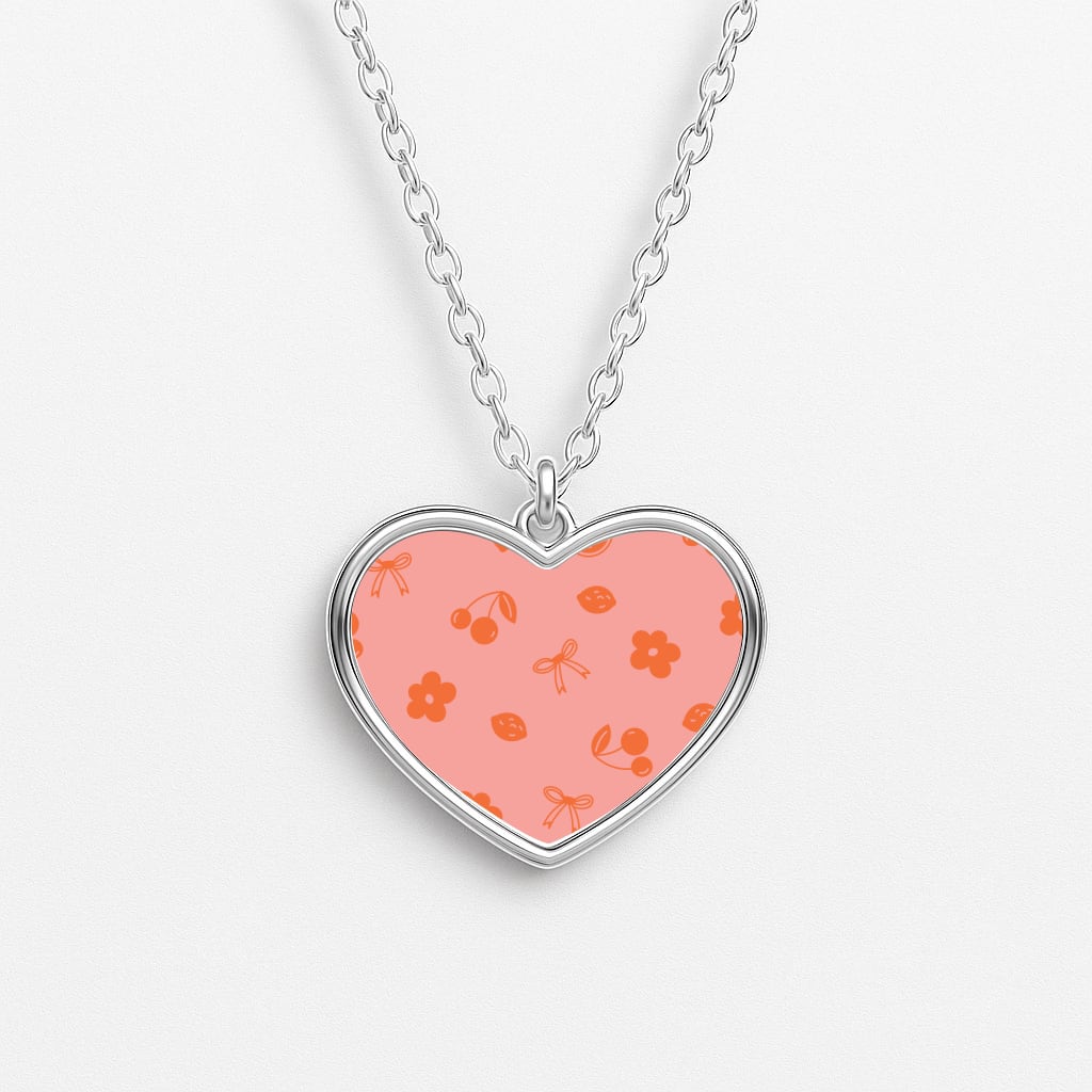 Coquette Orange Cherries Pattern Heart Necklace
