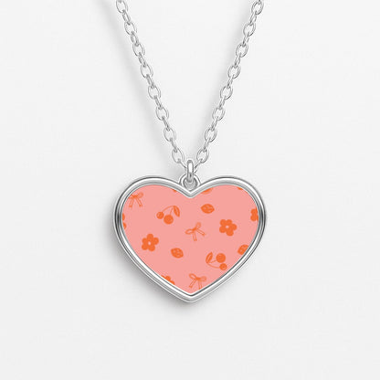 Coquette Orange Cherries Pattern Heart Necklace
