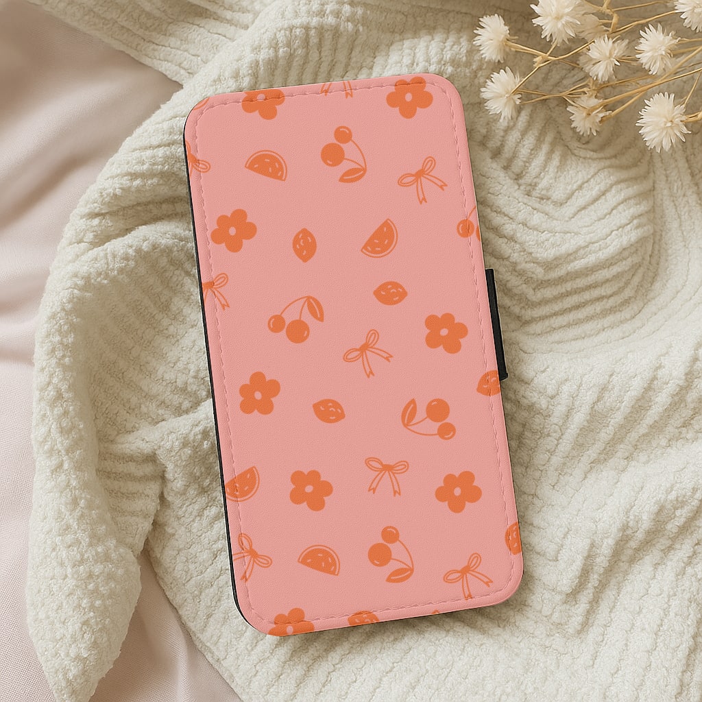Coquette Orange Cherries Pattern Wallet Phone Case