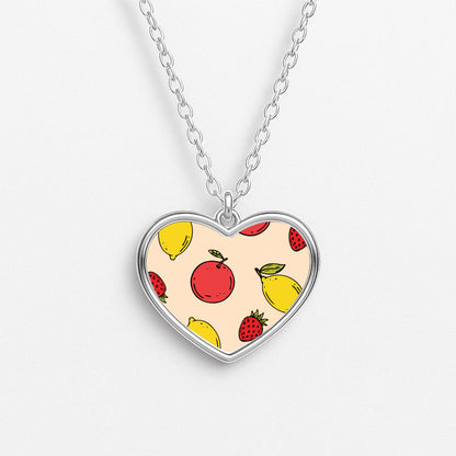 Sketched Summer Fruits Pattern Heart Necklace